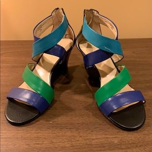 MultiColor sandals. Patent leather wedge heel